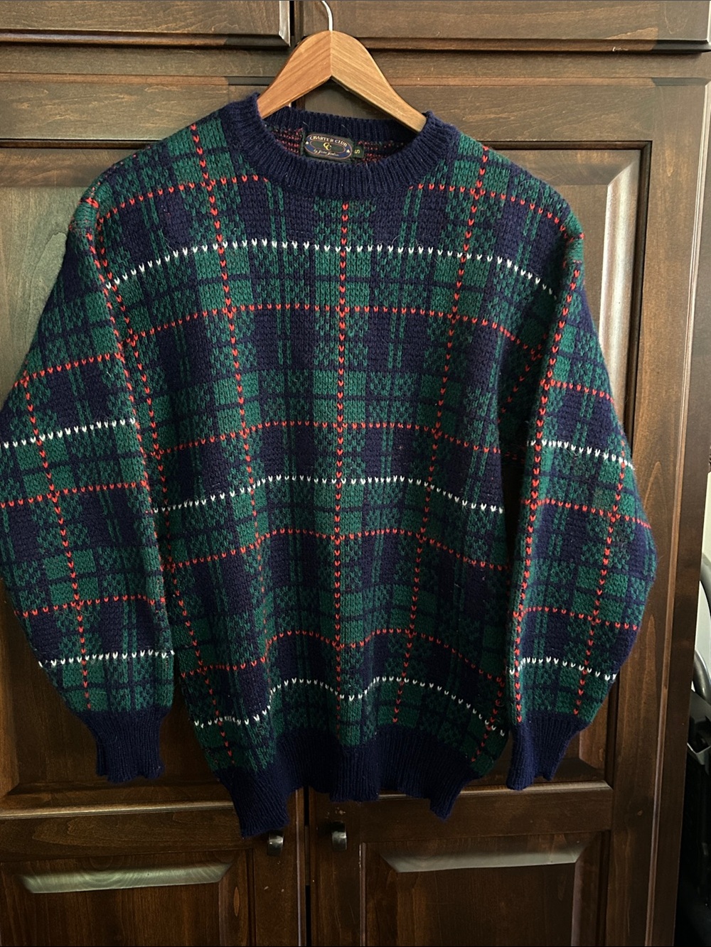1990’s 100% Wool Charter Club Navy, Green & Red Tartan Plaid Crewneck Sweater